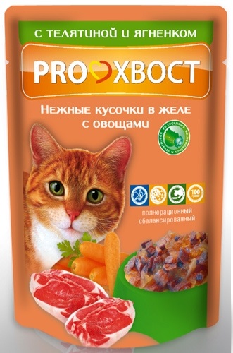 ПроХвост пауч д/кошек Телятина и Ягненок с овощами в желе 85г