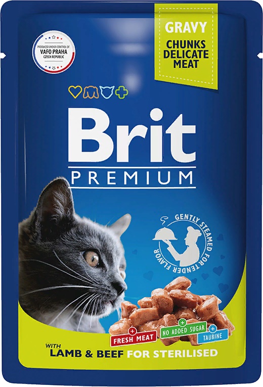 Брит Premium Пауч для взрослых стерилизованных кошек ягненок и говядина в соусе 85г