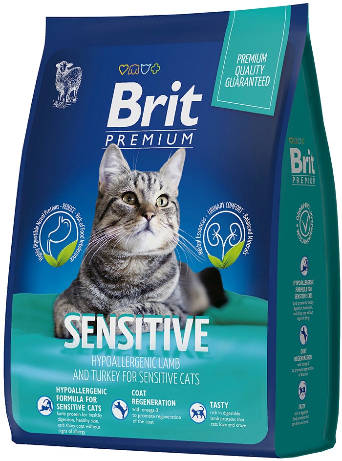 Брит Premium Cat Sensitive корм с индейкой и ягненком для взрослых кошек с чувствительным пищеварением