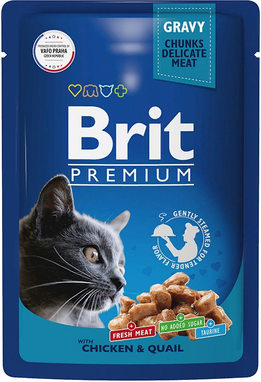 Брит Premium Пауч для взрослых кошек цыпленок и перепелка в соусе 85г