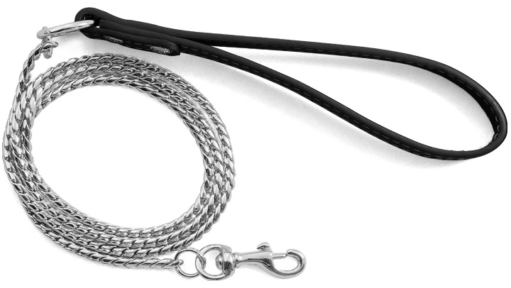 Поводок-цепь с кожаной ручкой "Змейка", серебро, 3*1100мм